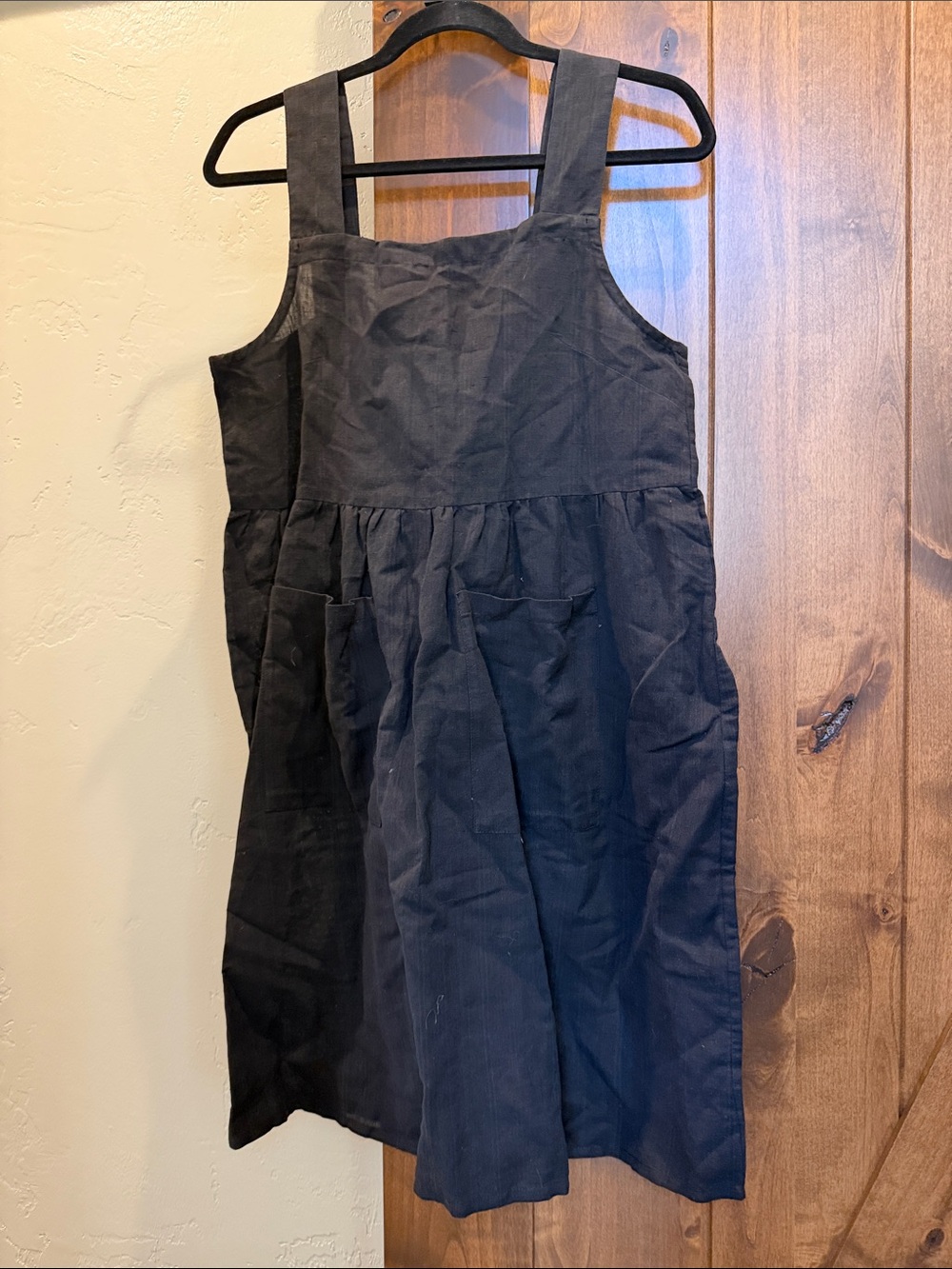 Mata Traders Black Gathered Pinafore Dress with Front Pockets